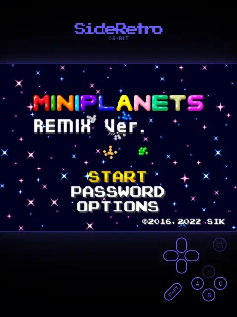 A homebrew Mega Drive game running in SideRetro, with a violet illuminated frame and Mini Controller legend